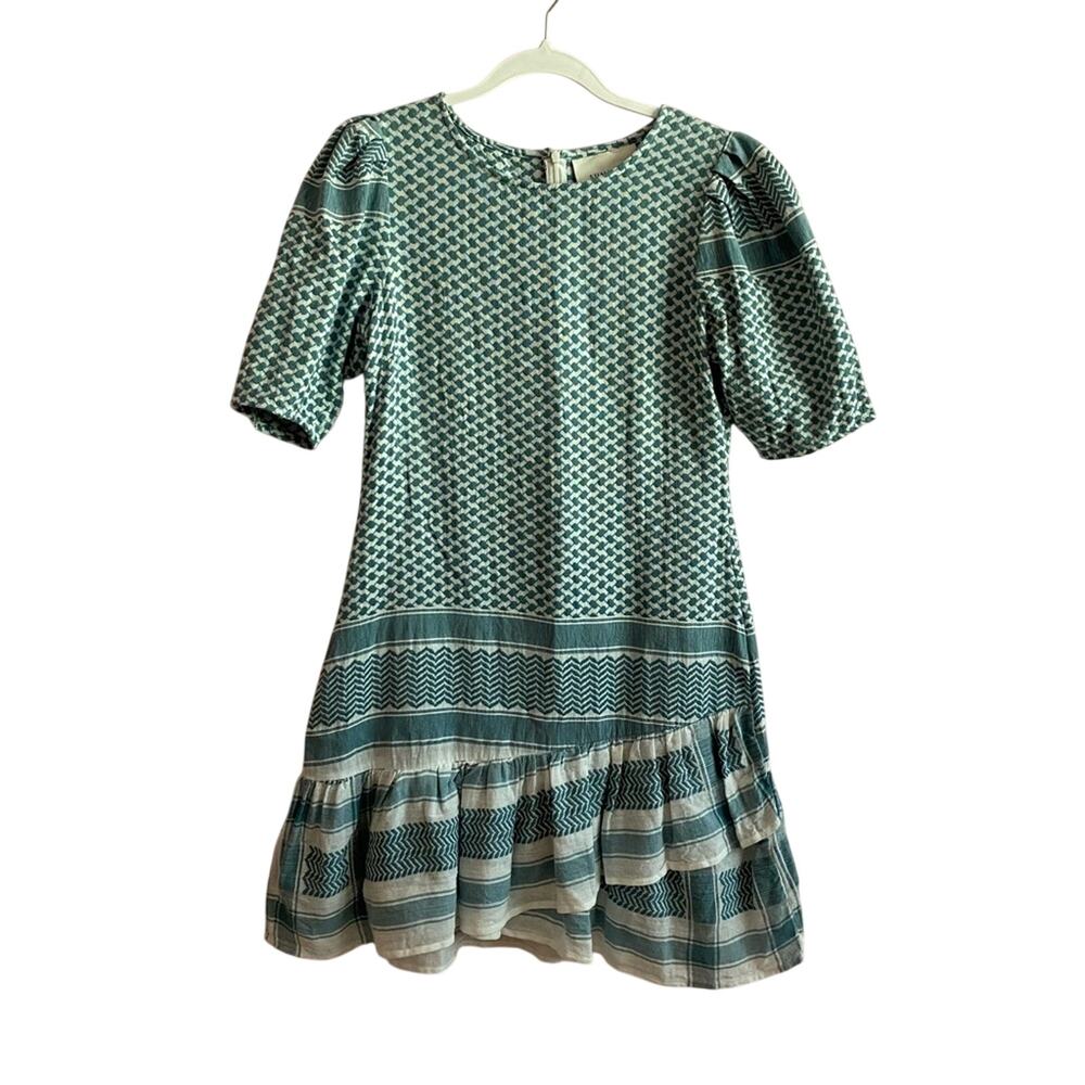 Summery Copenhagen Boho Scandi Chic Handloom Print Puffy Half Sleeve Mini Dress
